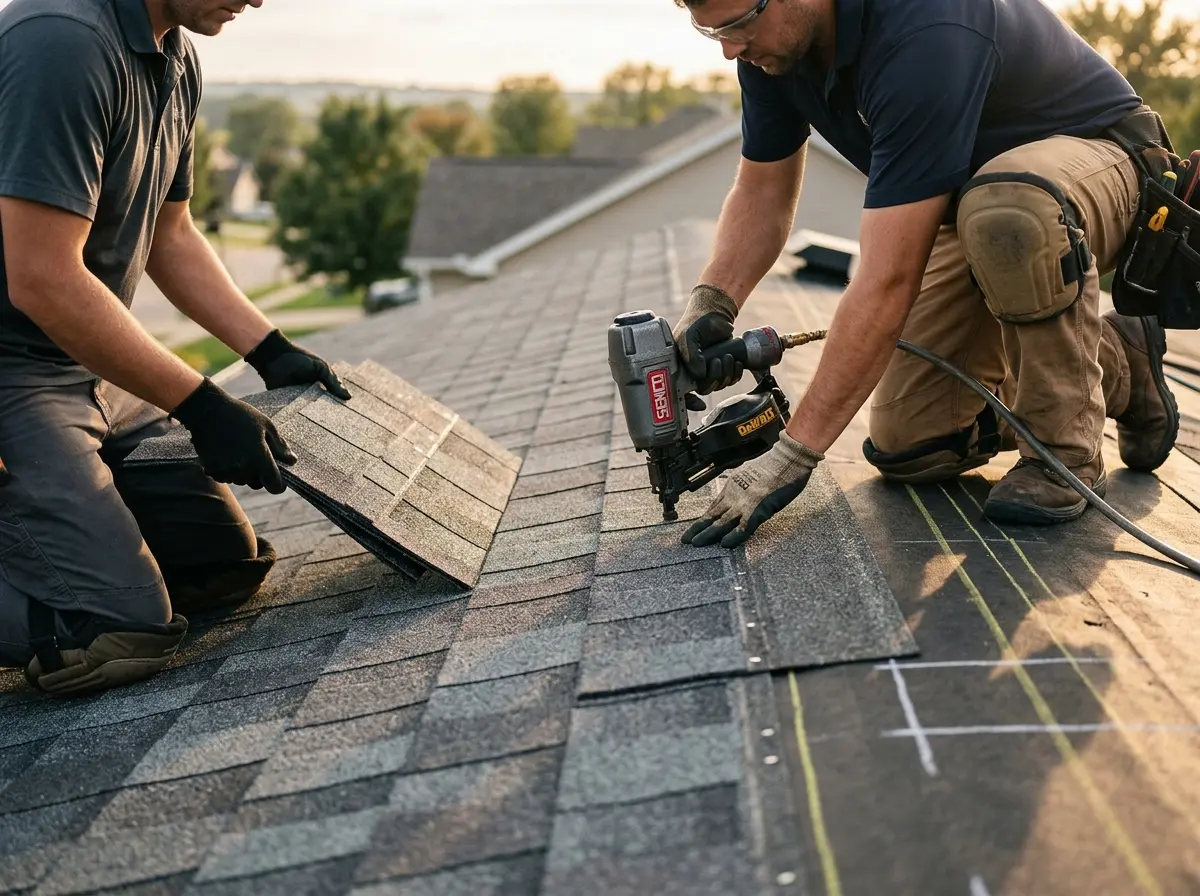 Professional roofer working on a residential roof in Mendota